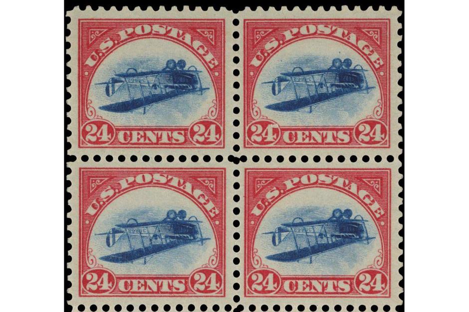 USA 1918 Inverted 24¢ Jenny Plate Block 1918 – $4.9 million (£3.5m)
