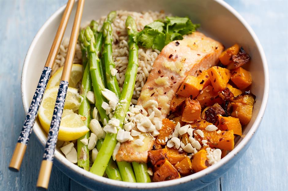 Asparagus, salmon and squash rice bowl