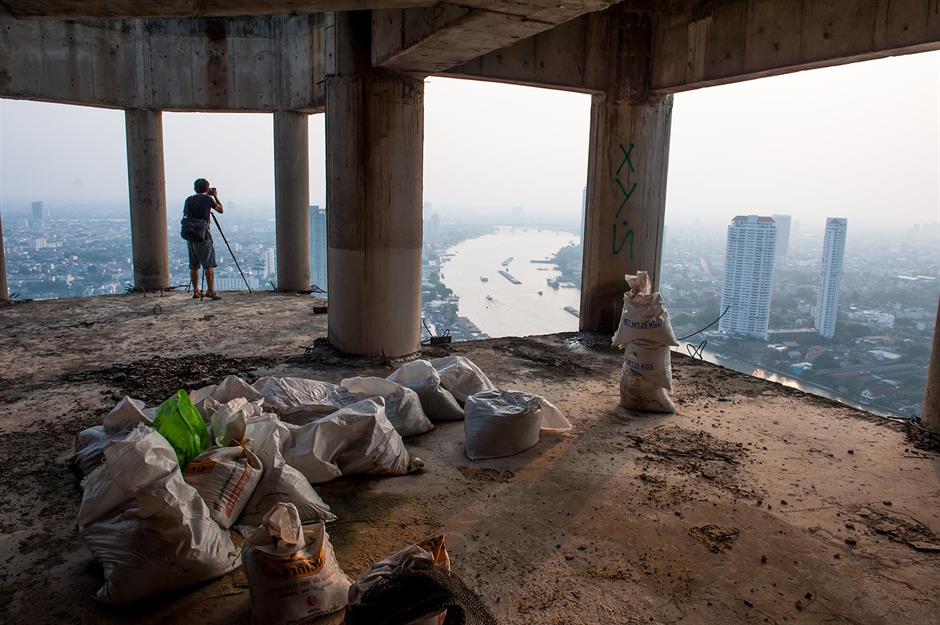 An unfinished skyscraper left open to urban explorers, Thailand