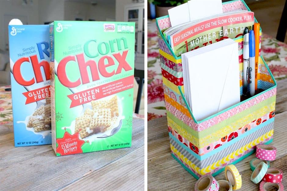 15 Ways to Make Cereal Box Organizers  Cereal box organizer, Desk  organization diy, Craft organization