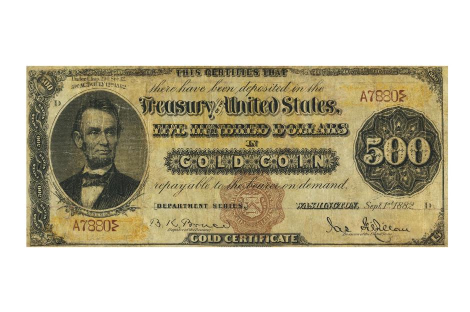 USA 1883 $500 Brown Seal Gold Certificate – $193,875 (£156k)