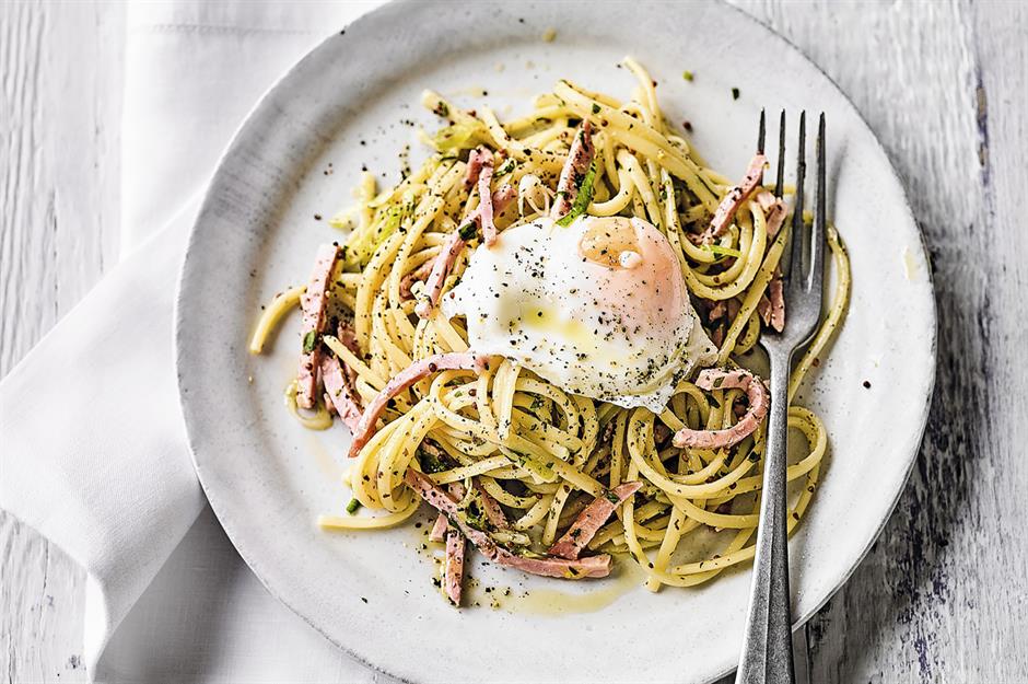 Leftovers: ham and egg linguine