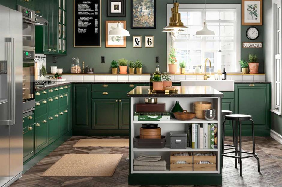 Farm house chic: Sage green kitchen with wood look porcelain floor and  bevelled subway tiles