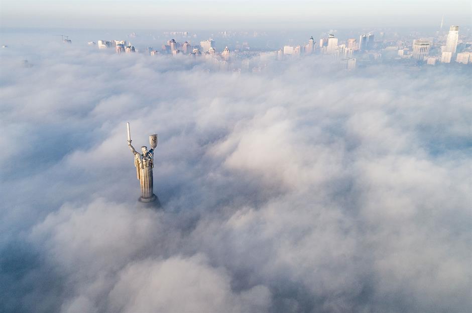 Thick fog over the Motherland Monument, Kyiv, Ukraine