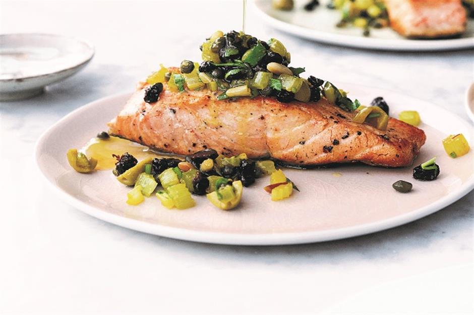 Under 40 minutes: pan-fried salmon with pine nut salsa
