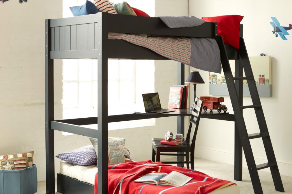 bunk bed in front of window