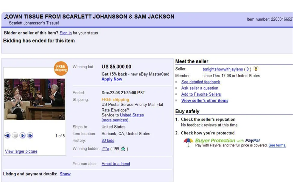 Scarlett Johansson’s used tissue: $5,300 (£4.3k)