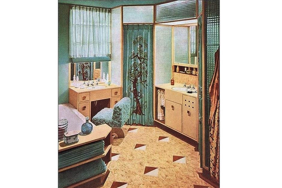 1940s geometric teal bathroom