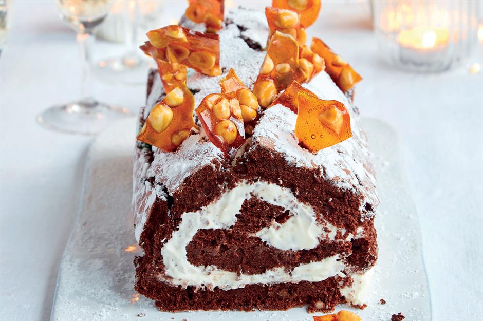 Desserts: chocolate and hazelnut roulade