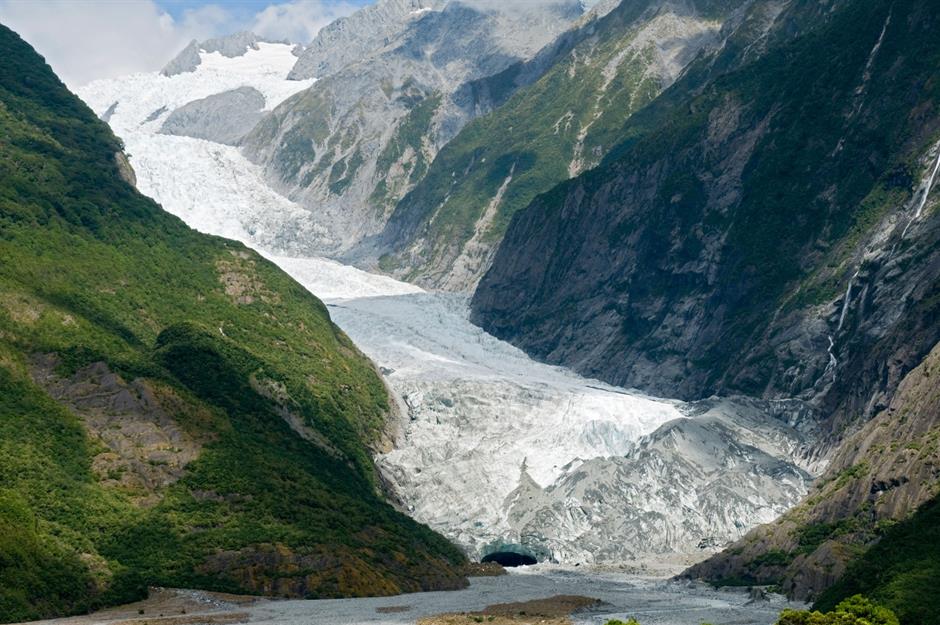 waterfall valley new zealand steep torrent group mountain blue