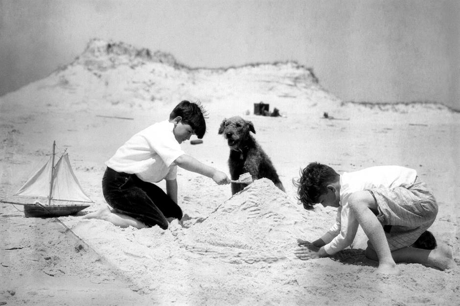 Vintage Photo 'Sandcastle Builder' 1960's Lake Michigan Summer Beach Bottle Cap Boy Photo Vernacular Snapshot Black White Photograph #35-20
