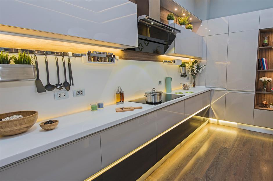 rope light clips above kitchen cabinet