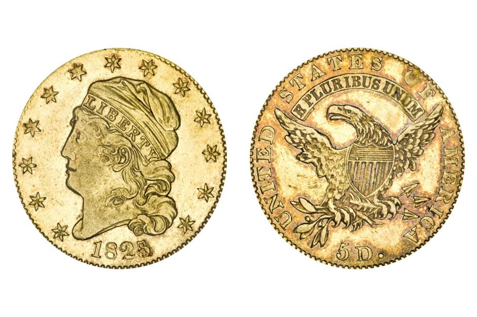 1825/4 $5 Capped Head Left Half Eagle, USA: $940,000 (£765k)