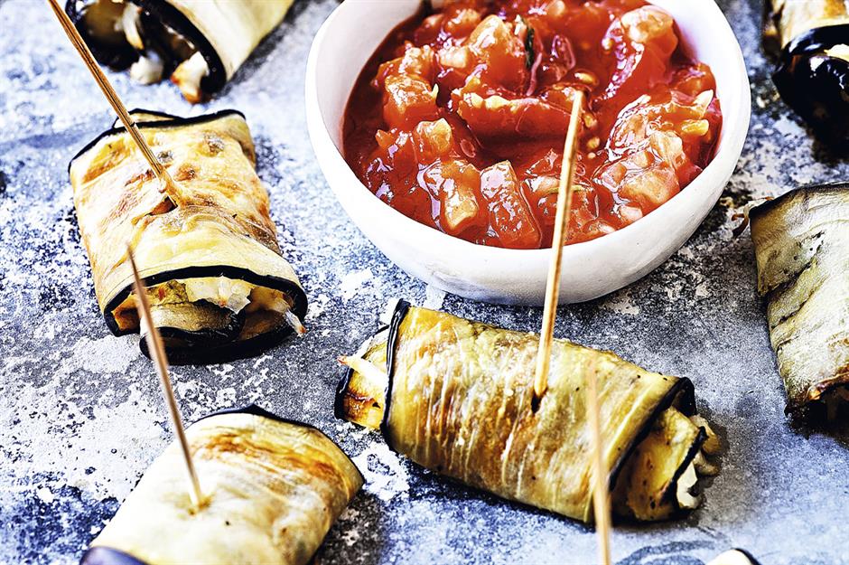 Canapés: eggplant and halloumi wraps