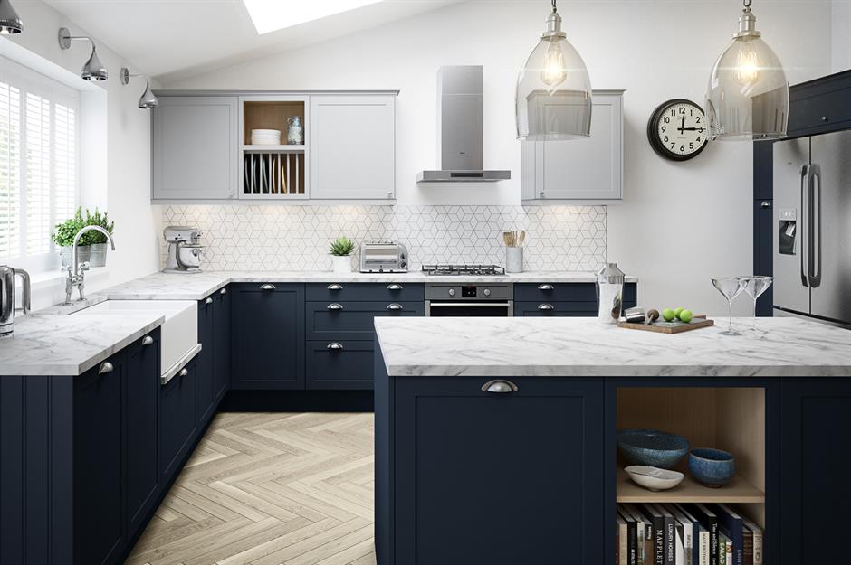 light grey and dark blue kitchen