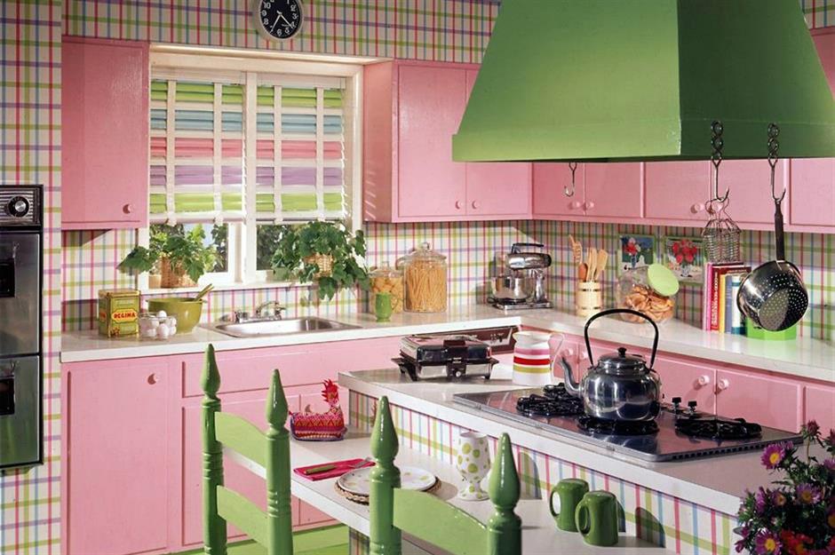 pink and green kitchen cabinets