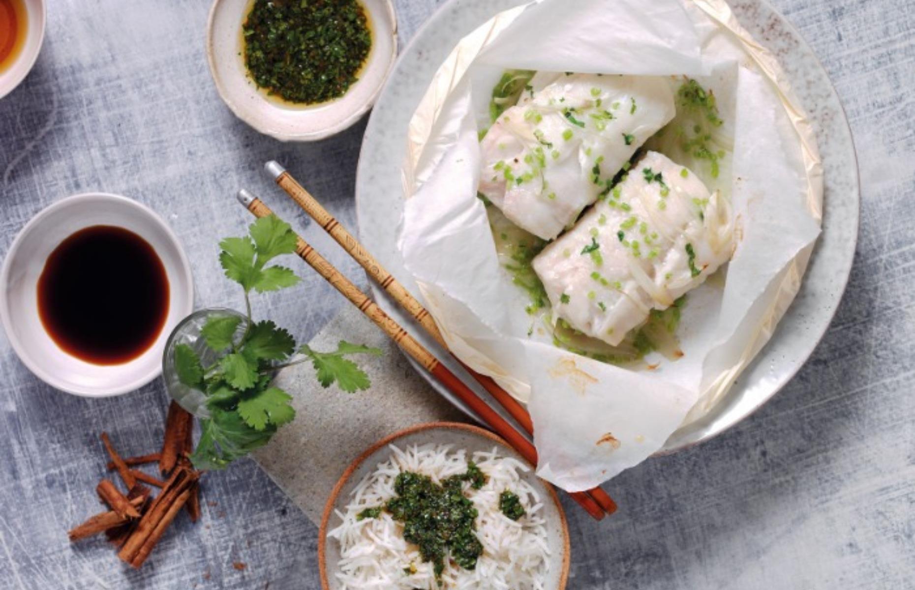 Coriander and ginger baked haddock with scented rice 