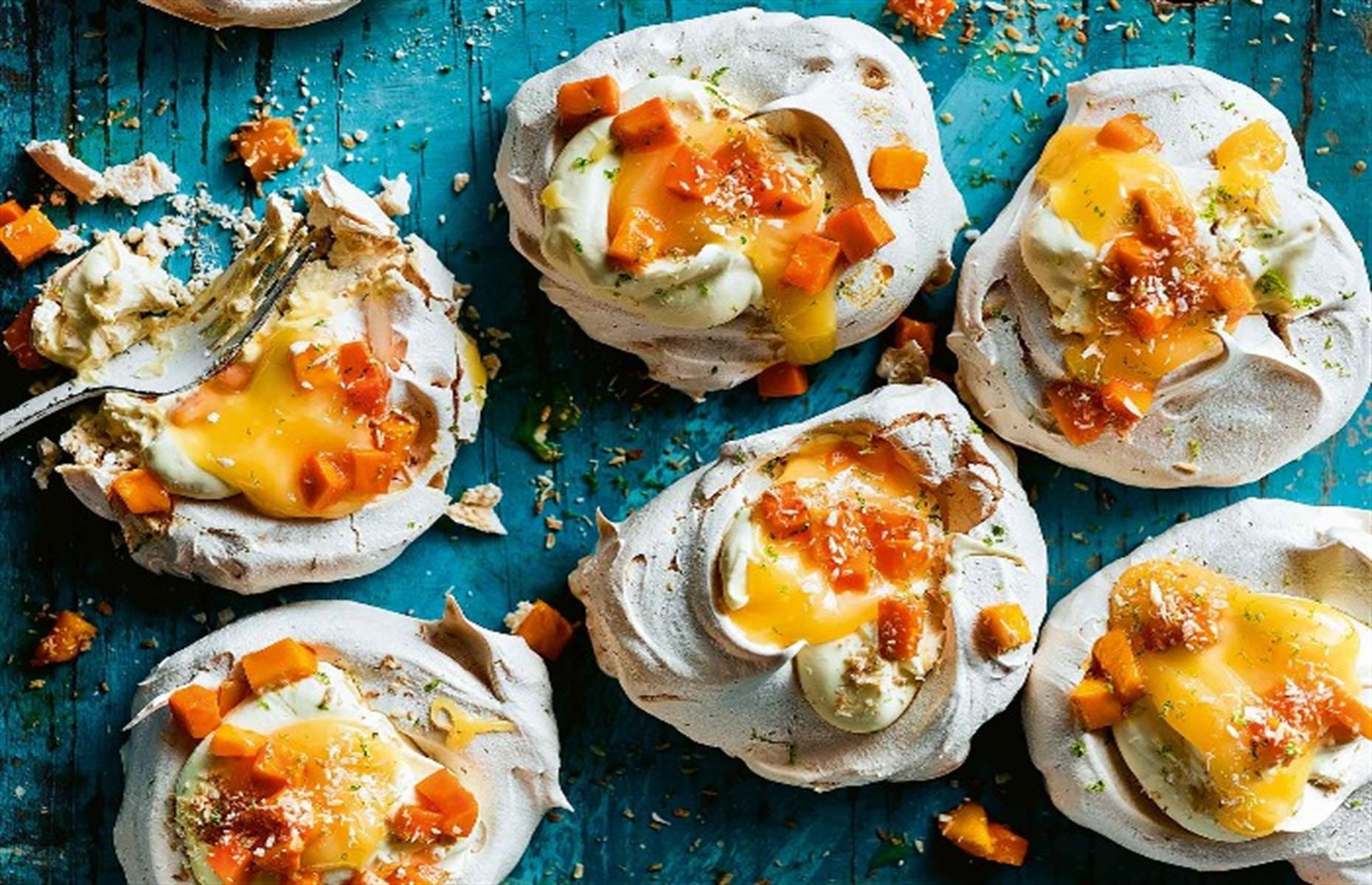 Mango, lime and coconut meringues