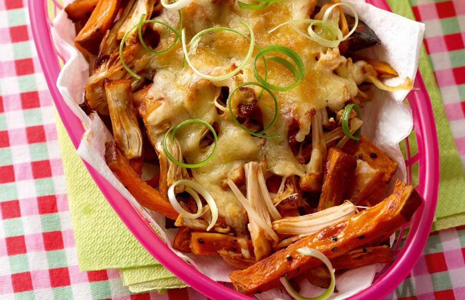 Jackfruit loaded sweet potato fries