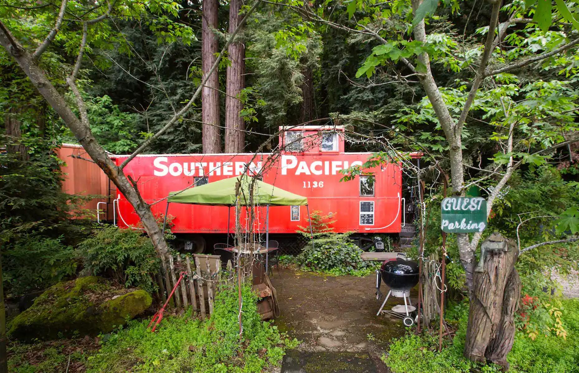 Caboose in the redwoods, Cupertino, California, USA