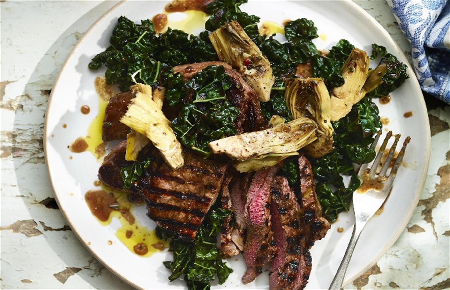 Lamb steaks with artichokes and cabbage