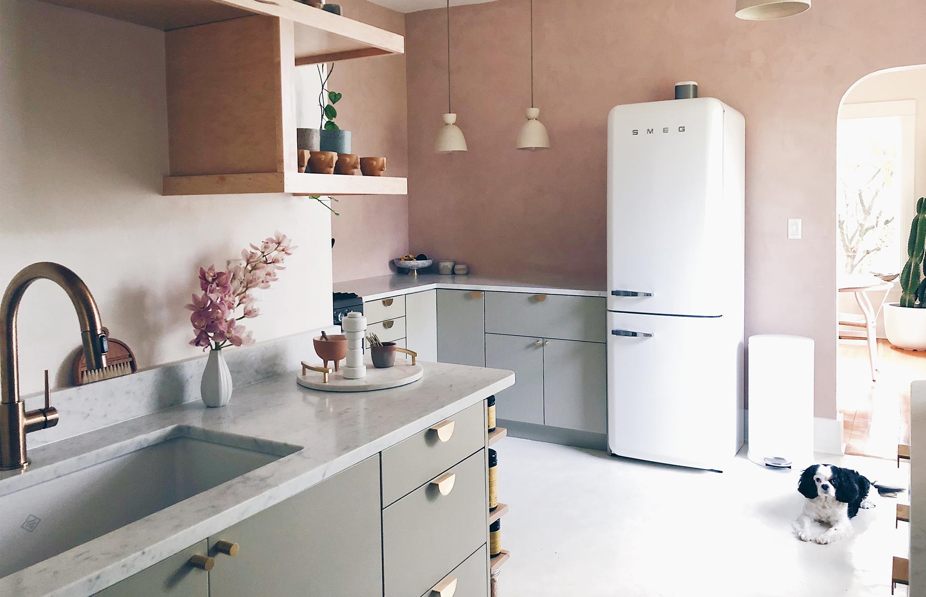 After: a glamorous pink kitchen