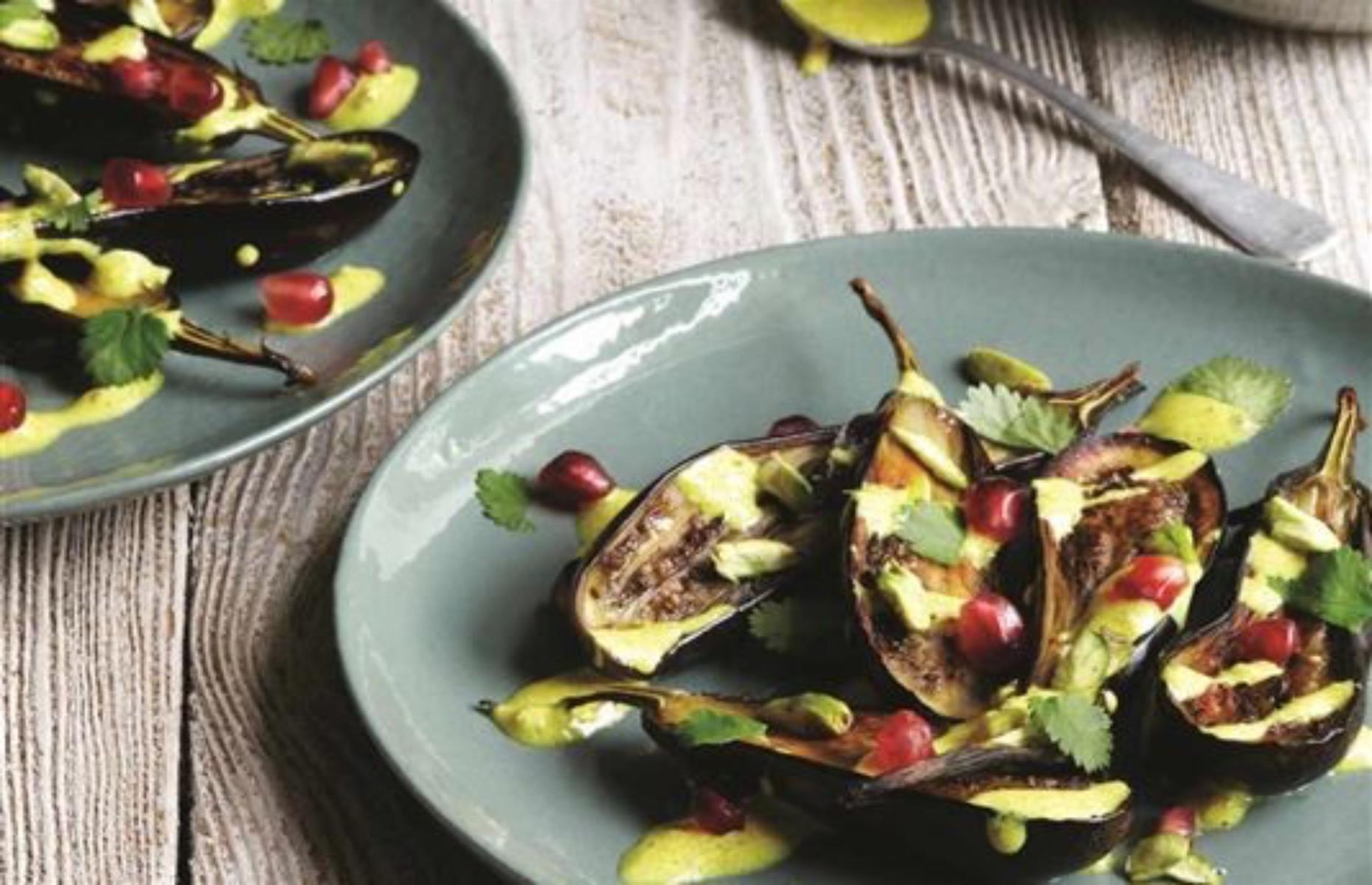 Roasted baby aubergine salad with spiced yogurt dressing