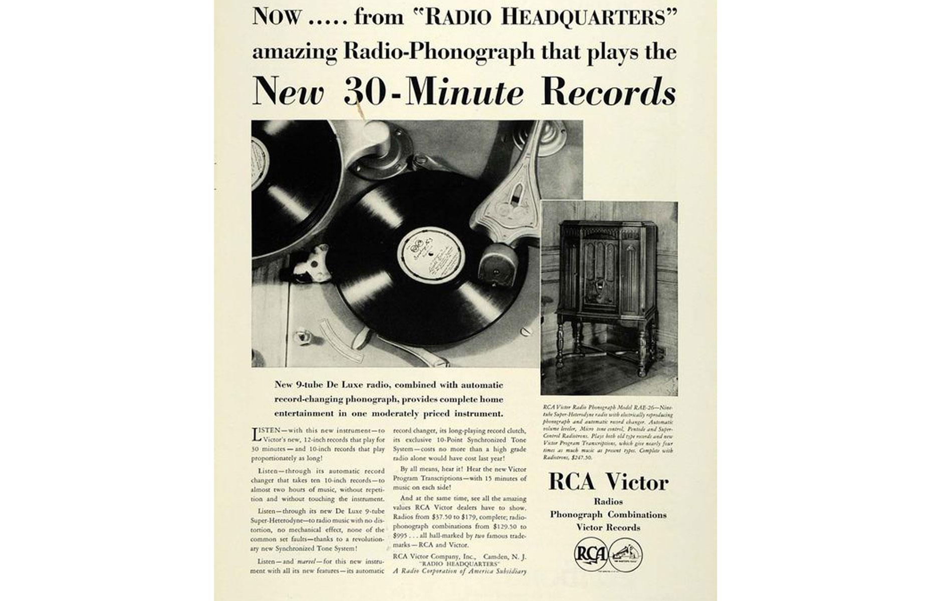 The first commercial vinyl long-playing record is launched by RCA Victor