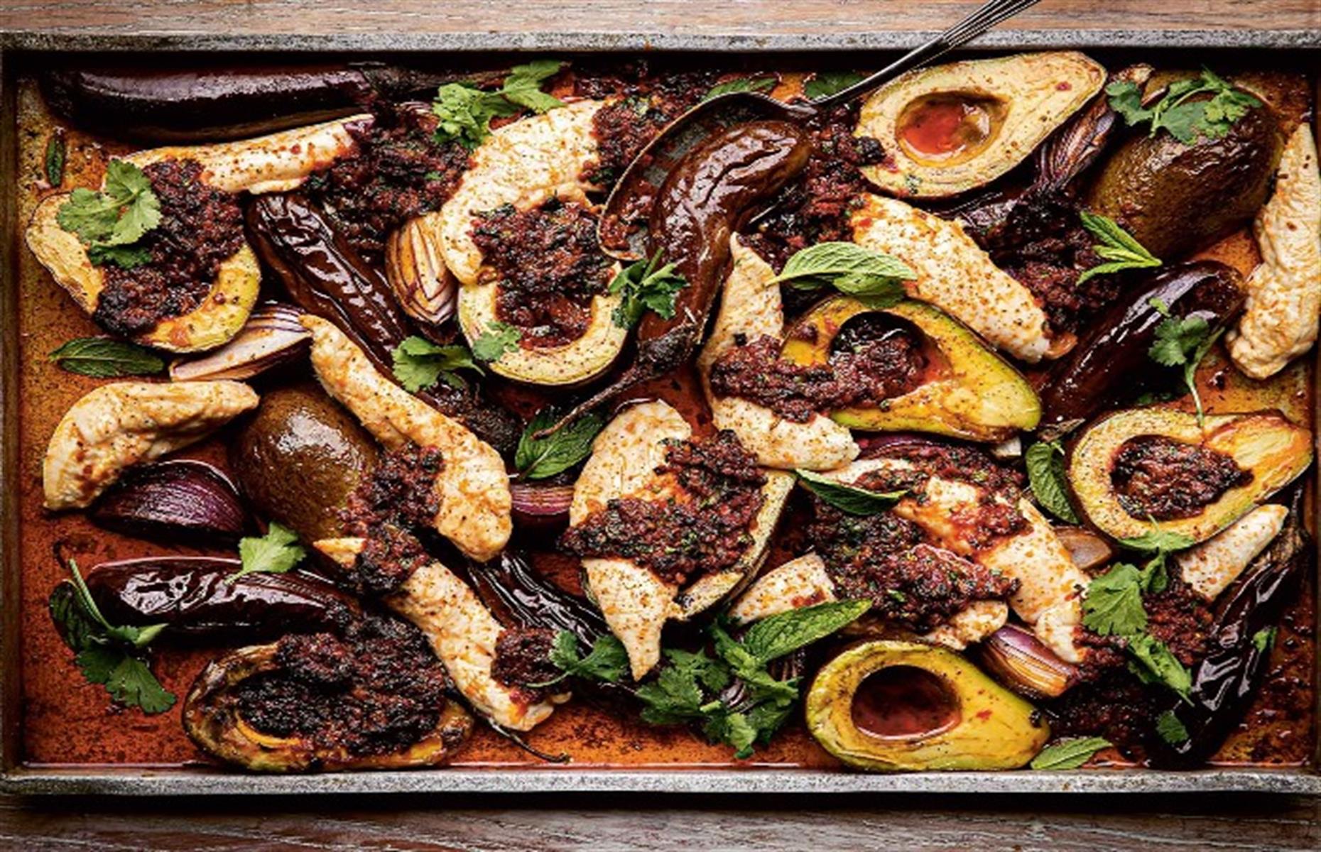 Roast avocado and chicken with n'duja butter