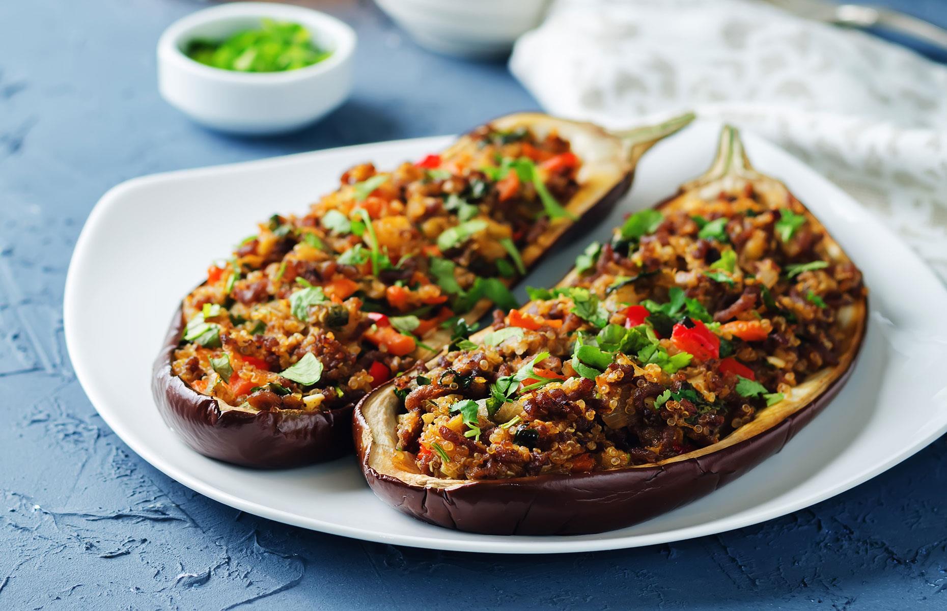 Lamb-stuffed aubergines with manchego