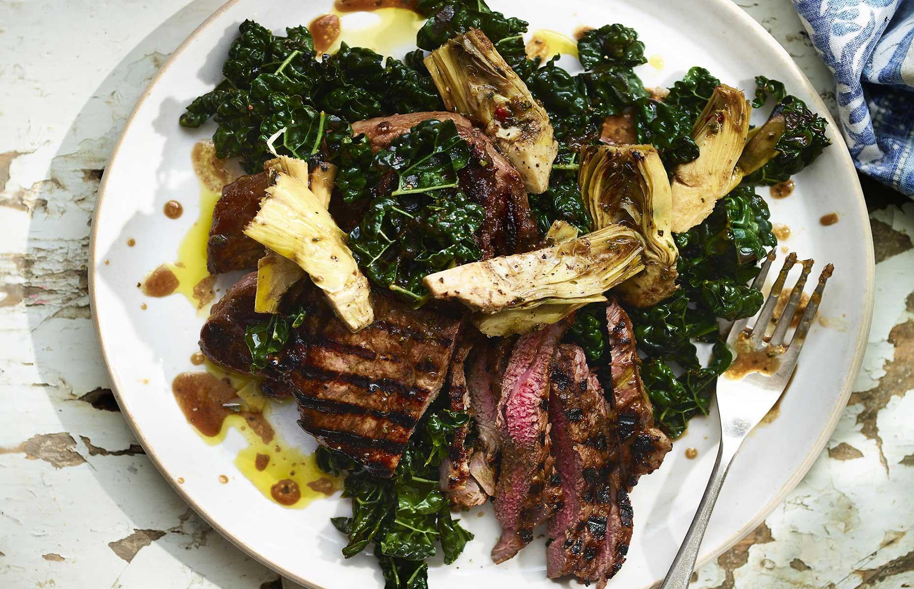 Lamb steaks with artichokes and cabbage