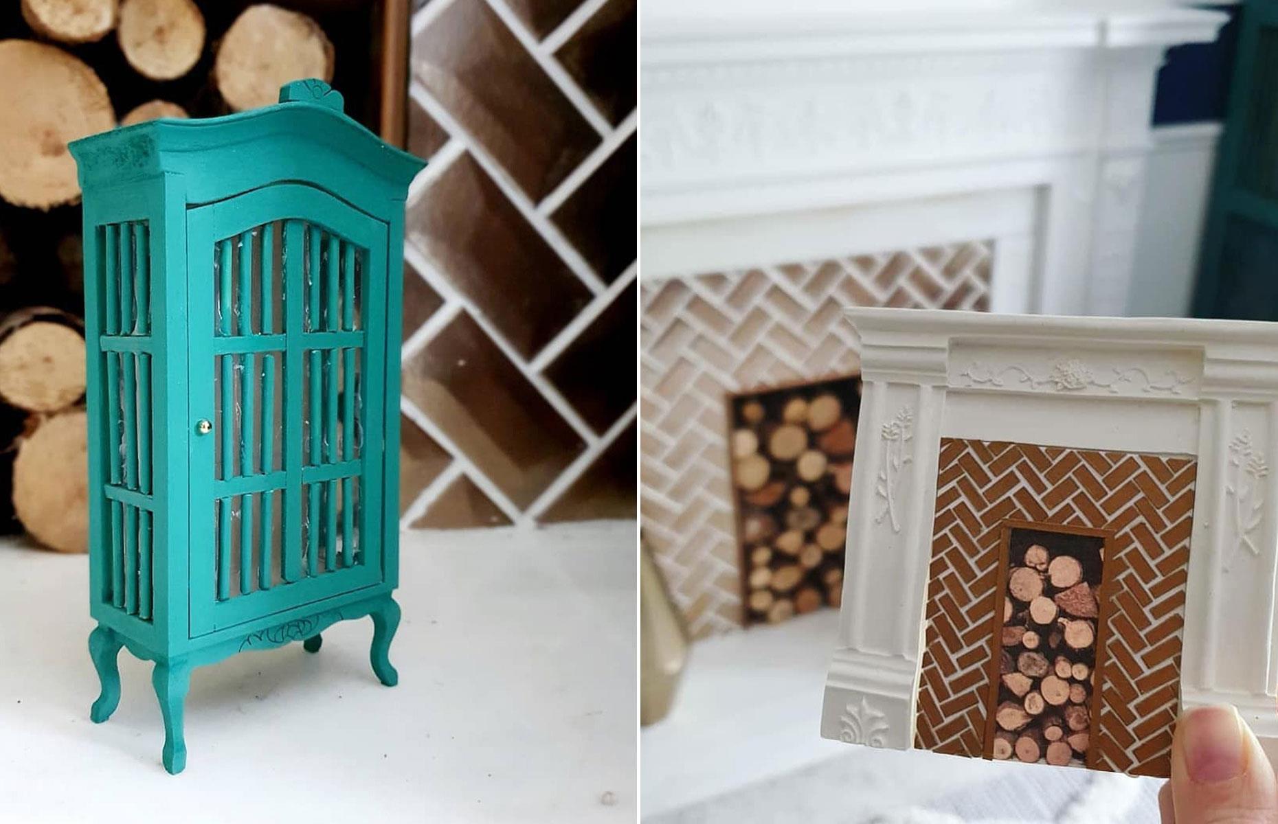 Playroom fireplace and armoire in miniature