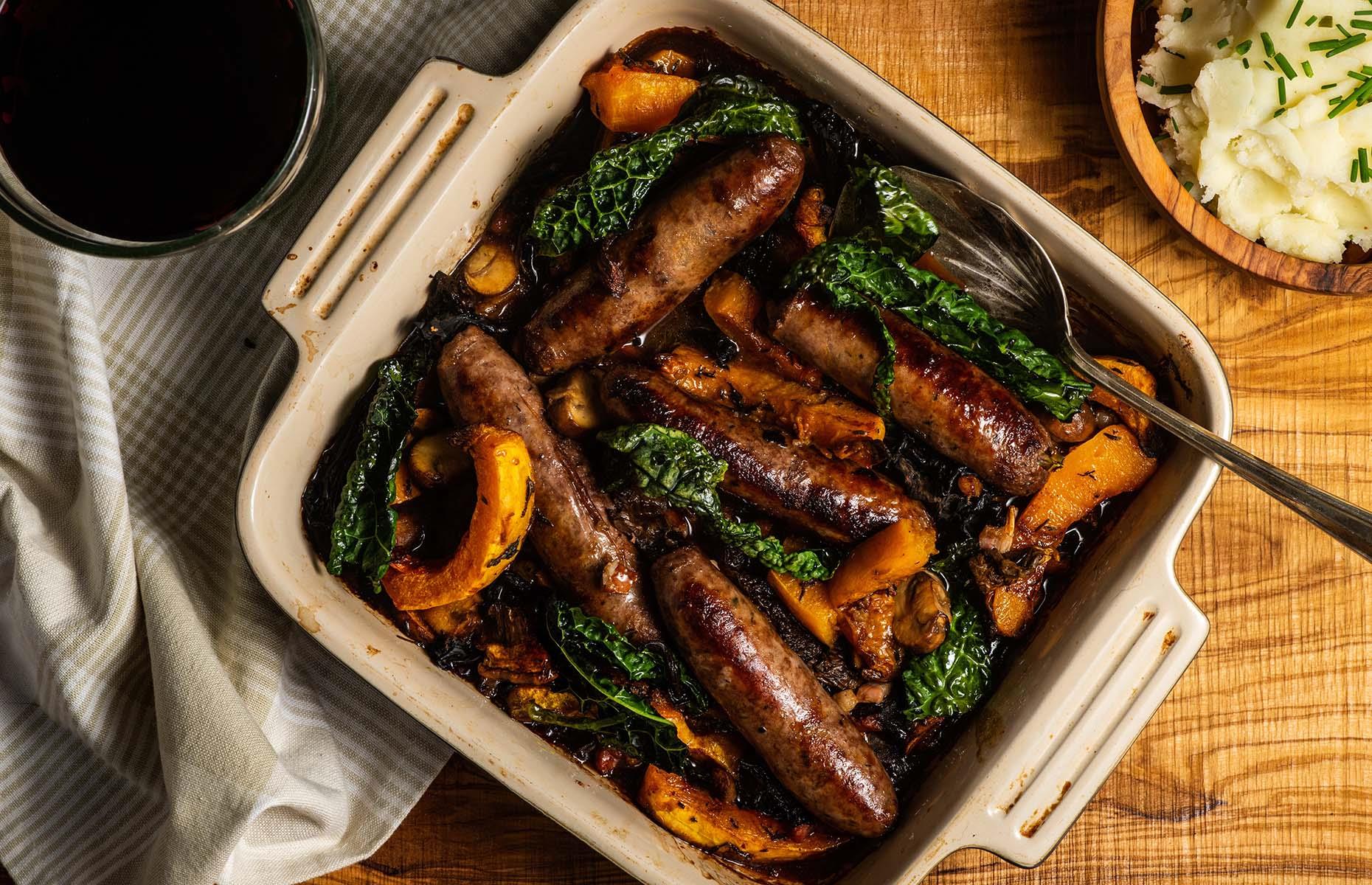 Venison sausage and wild mushroom traybake