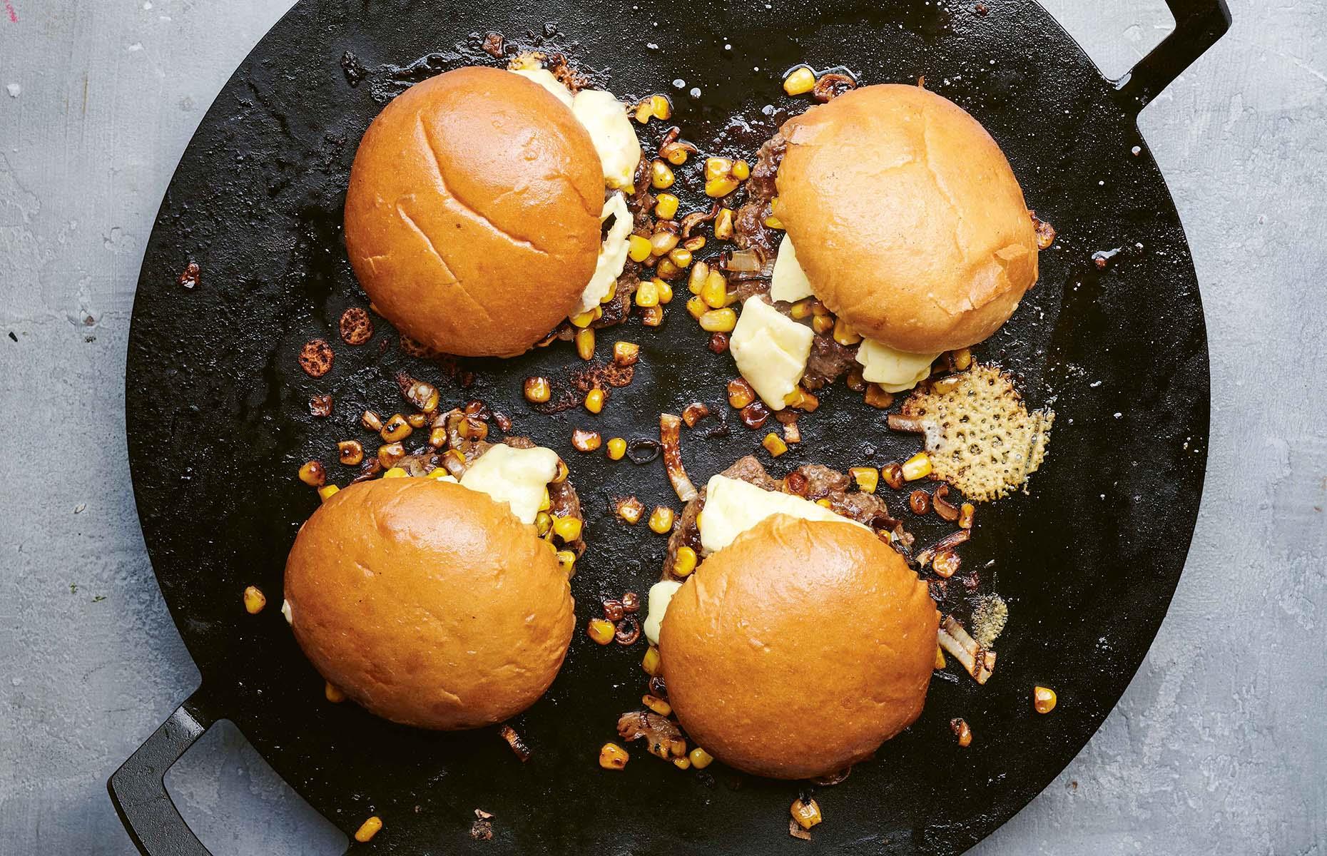 Cheddar, corn and chilli smash burgers