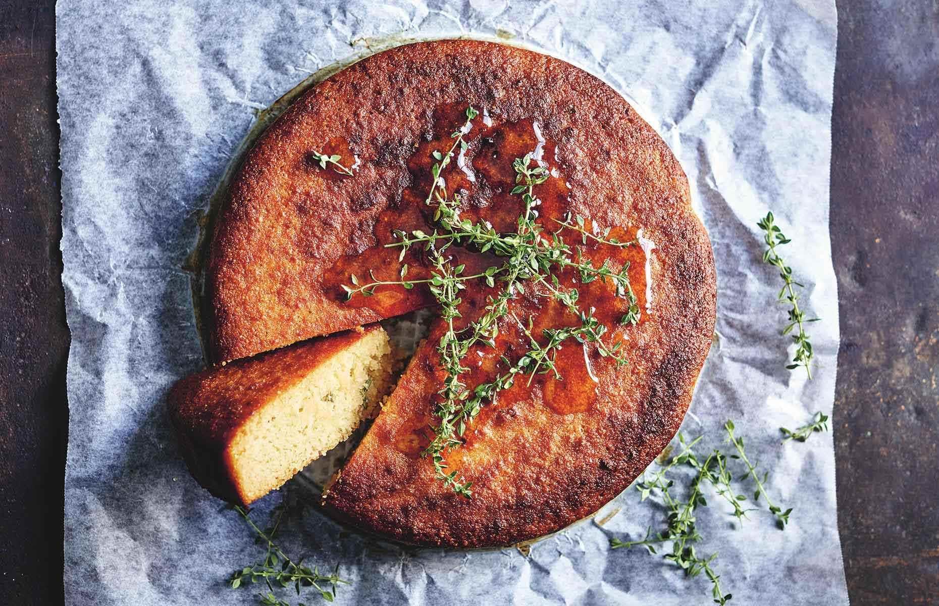 Lemon thyme, honey and almond cake