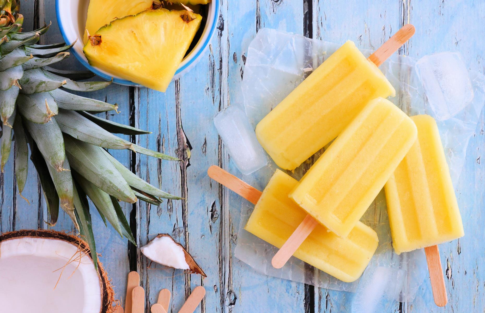 Fresh fruit popsicles: pineapple and coconut (40 calories per serving)