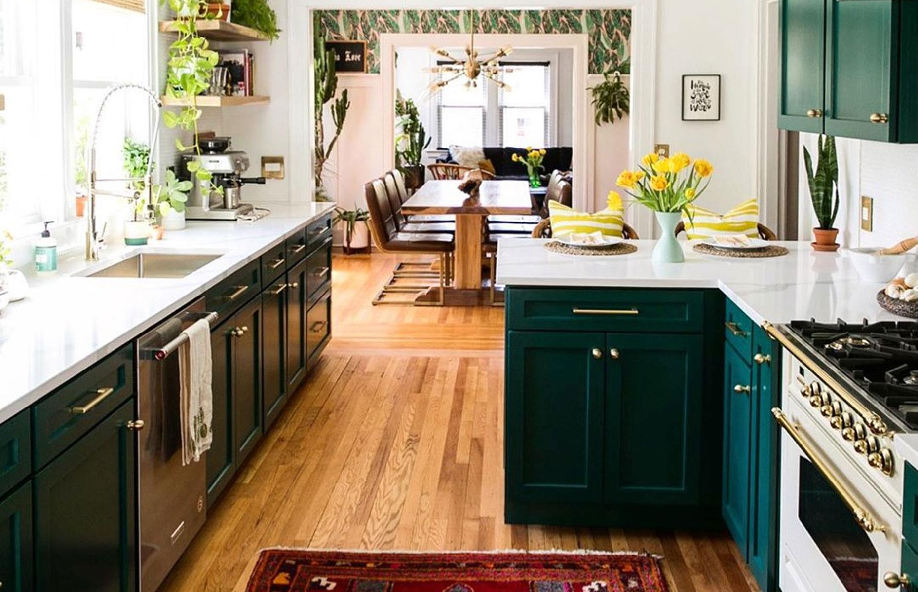 Rich emerald green galley kitchen
