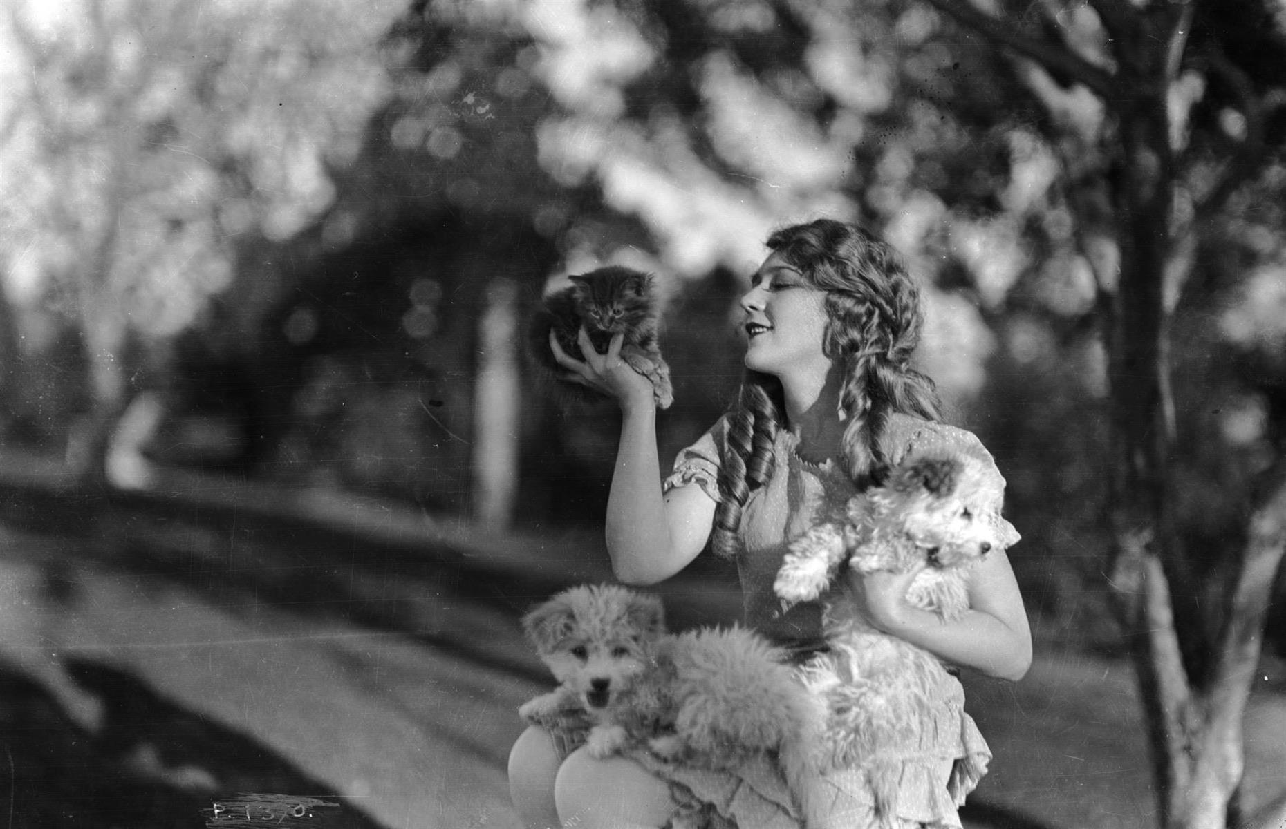 1920: Mary Pickford with her pet kitten and two dogs
