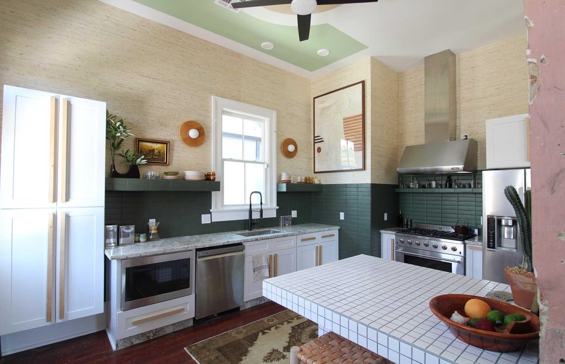 Rustic kitchen with grasscloth walls