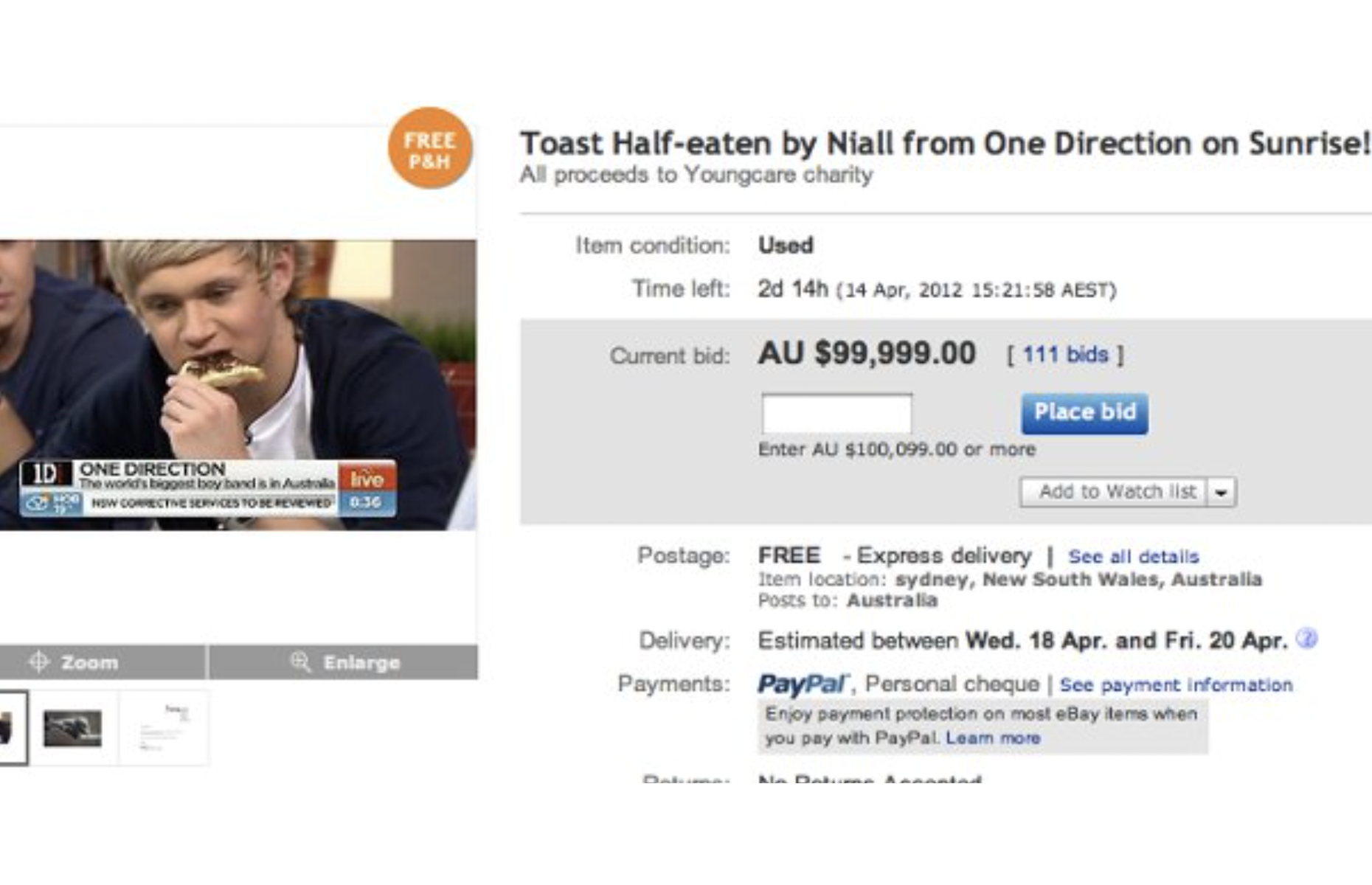 Niall Horan's chewed-up toast: $100,000 (£81.6k)