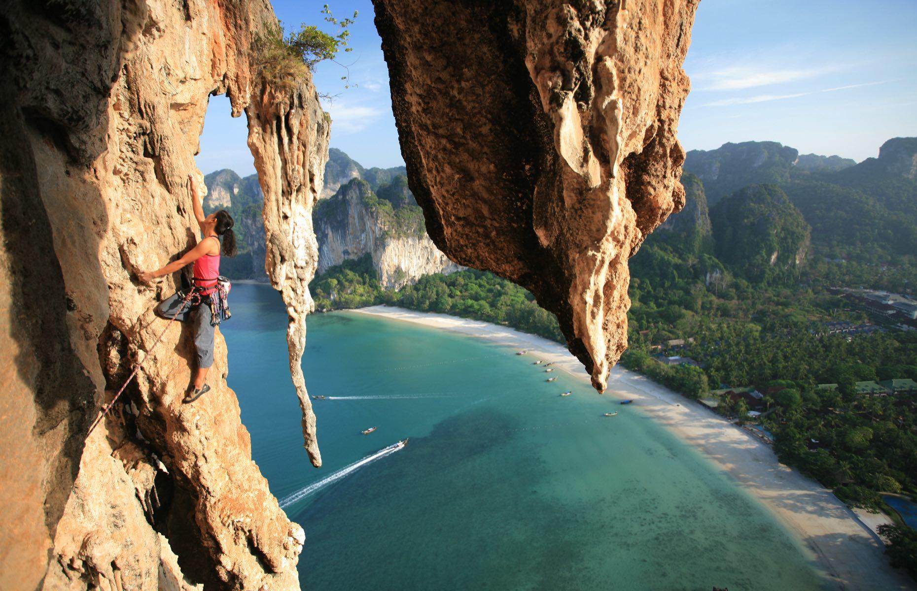 Railay Beach rock climbing, Krabi, Thailand