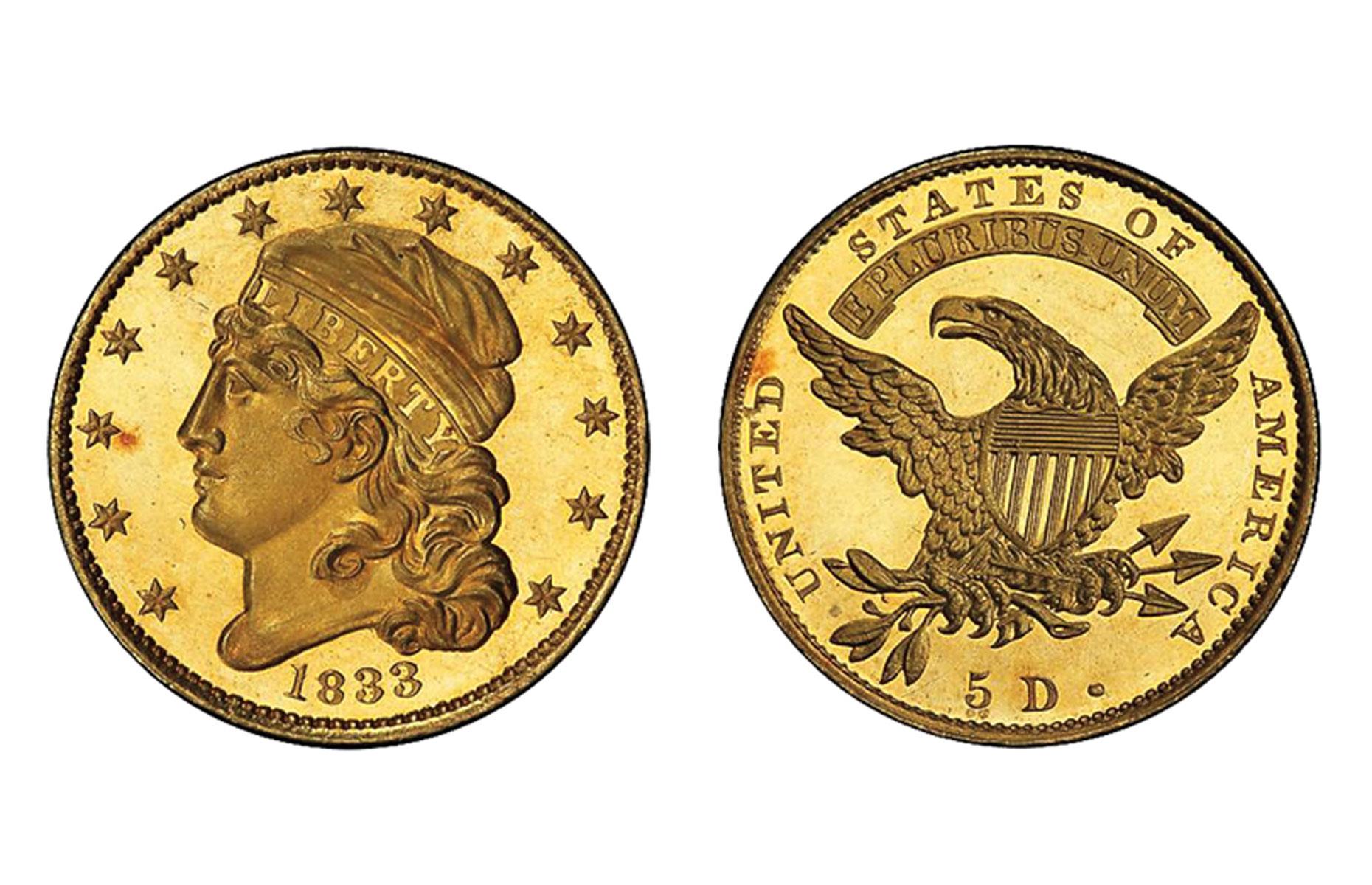 1833 $5 Capped Head Left Half Eagle, USA: $1,351,000 (£1.1m)