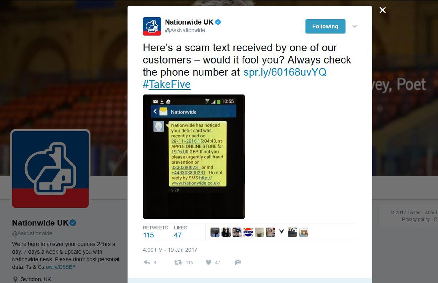 Nationwide banking scam message (Image: Twitter - Nationwide)