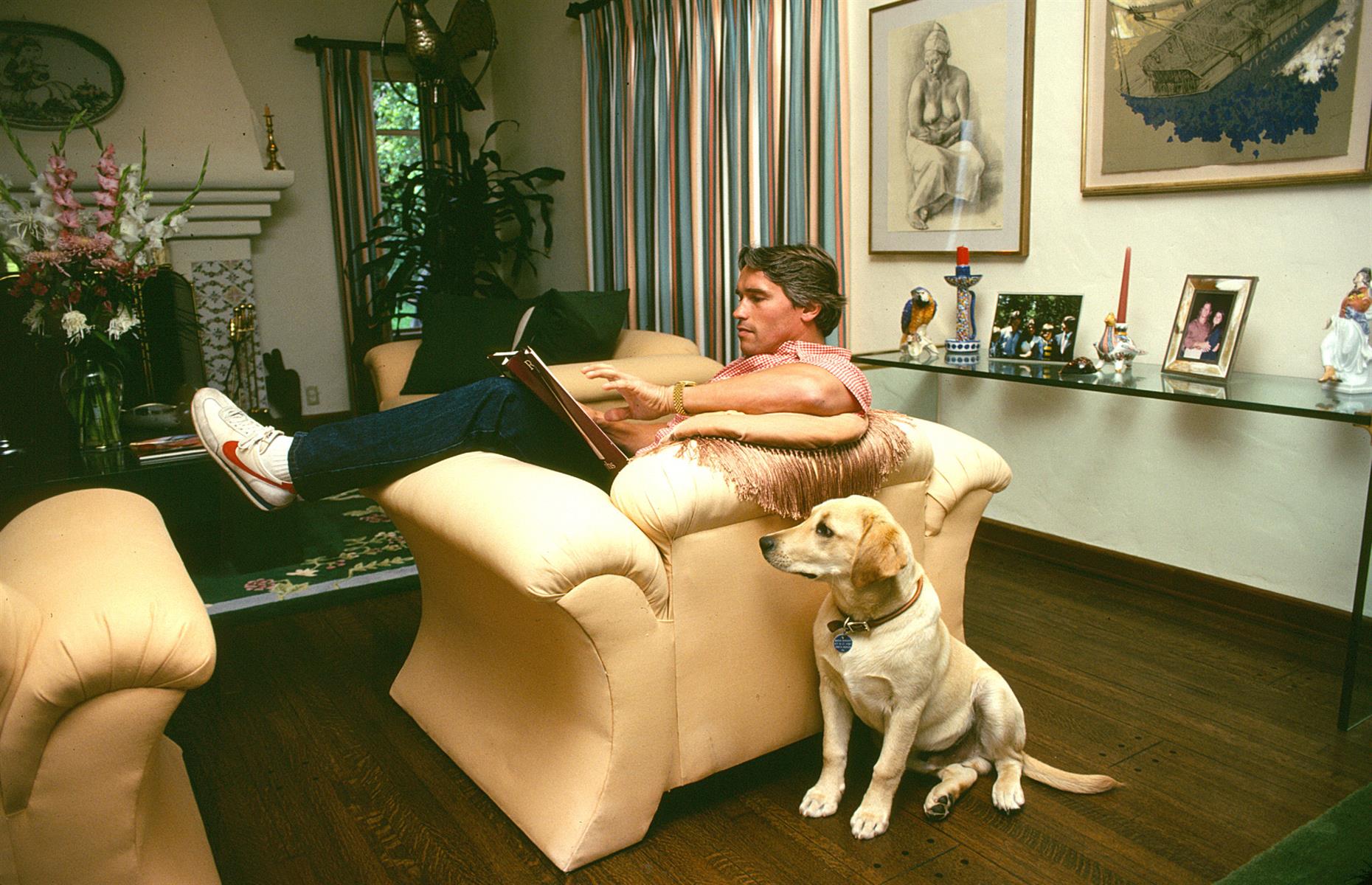 1982: Arnold Schwarzenegger with his labrador at his Santa Monica home