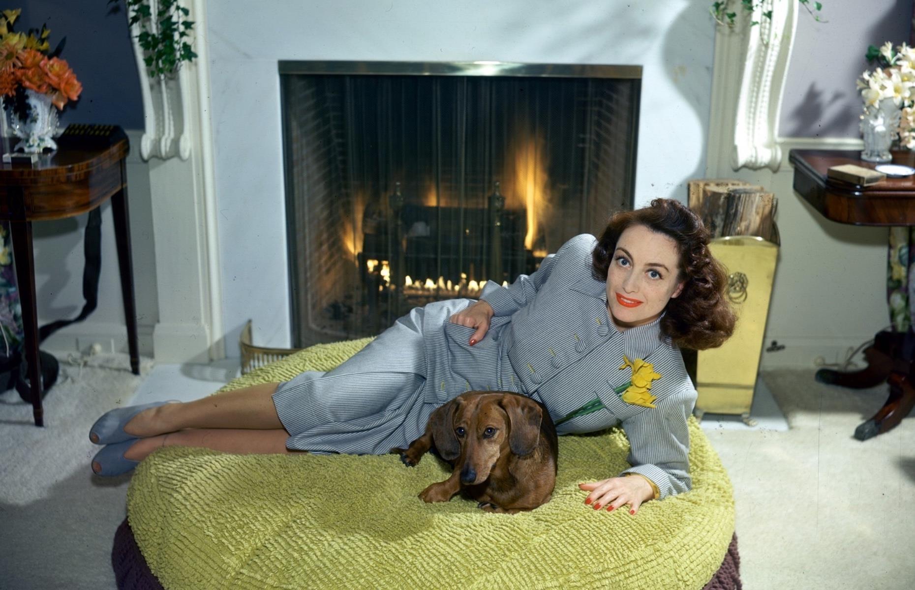 1940: Joan Crawford strikes a pose with her dachshund