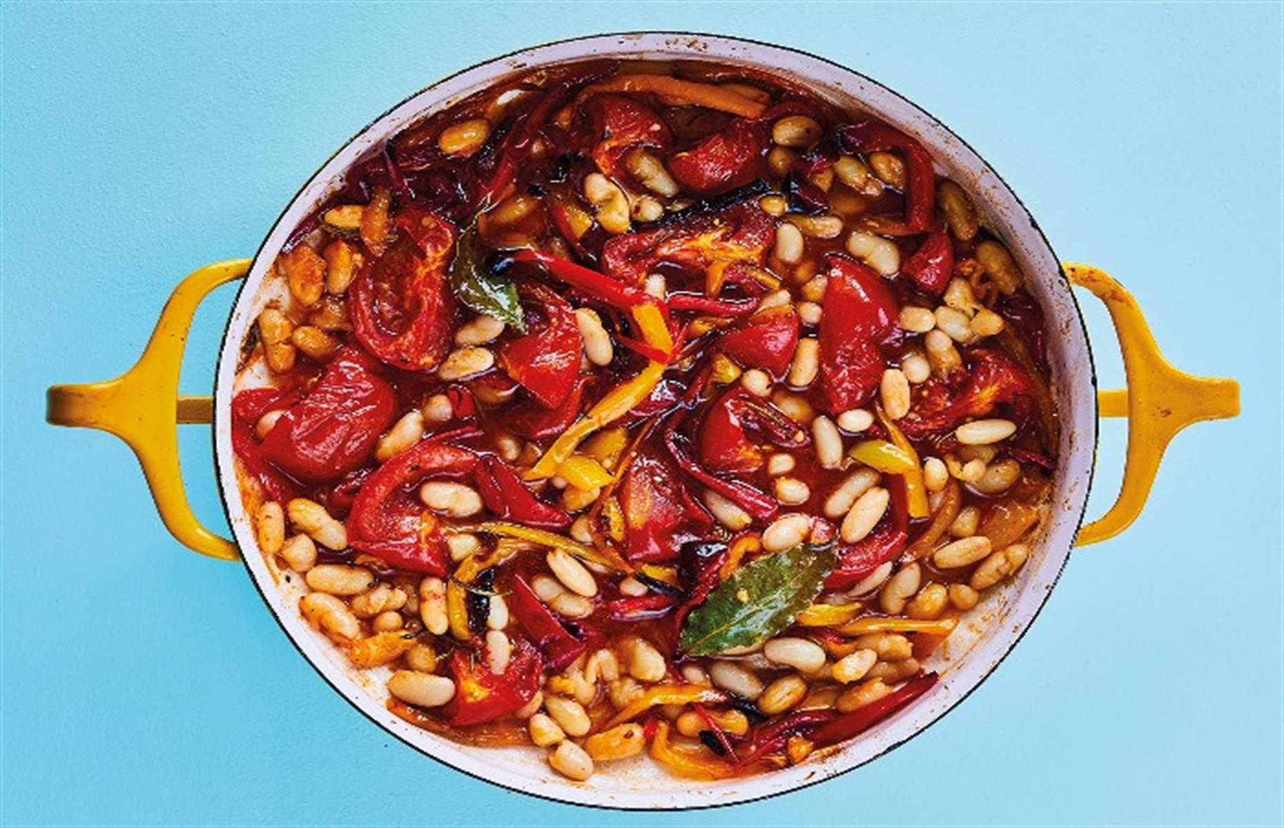 Slow-roasted peppers with chilli, garlic and beans