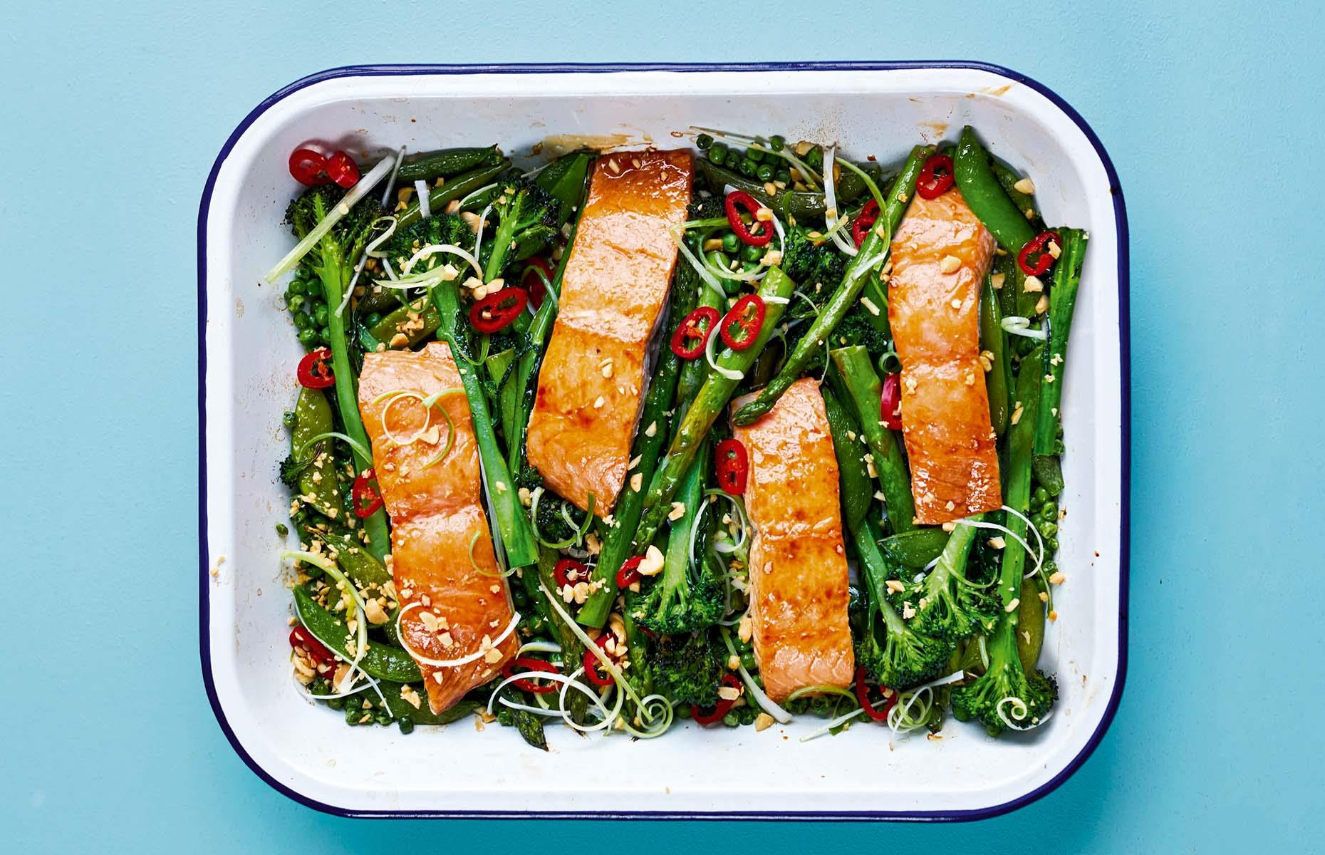 Sticky soy and honey roasted salmon with greens