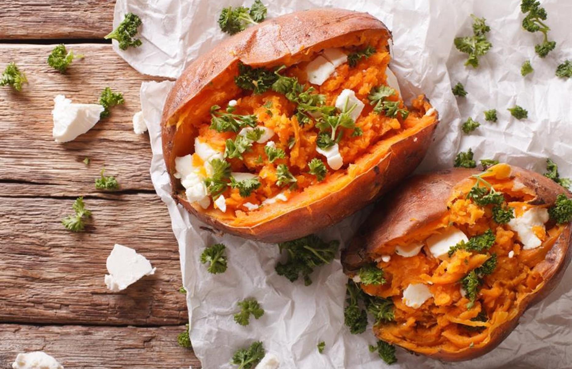 Sweet potatoes with feta and hot honey butter