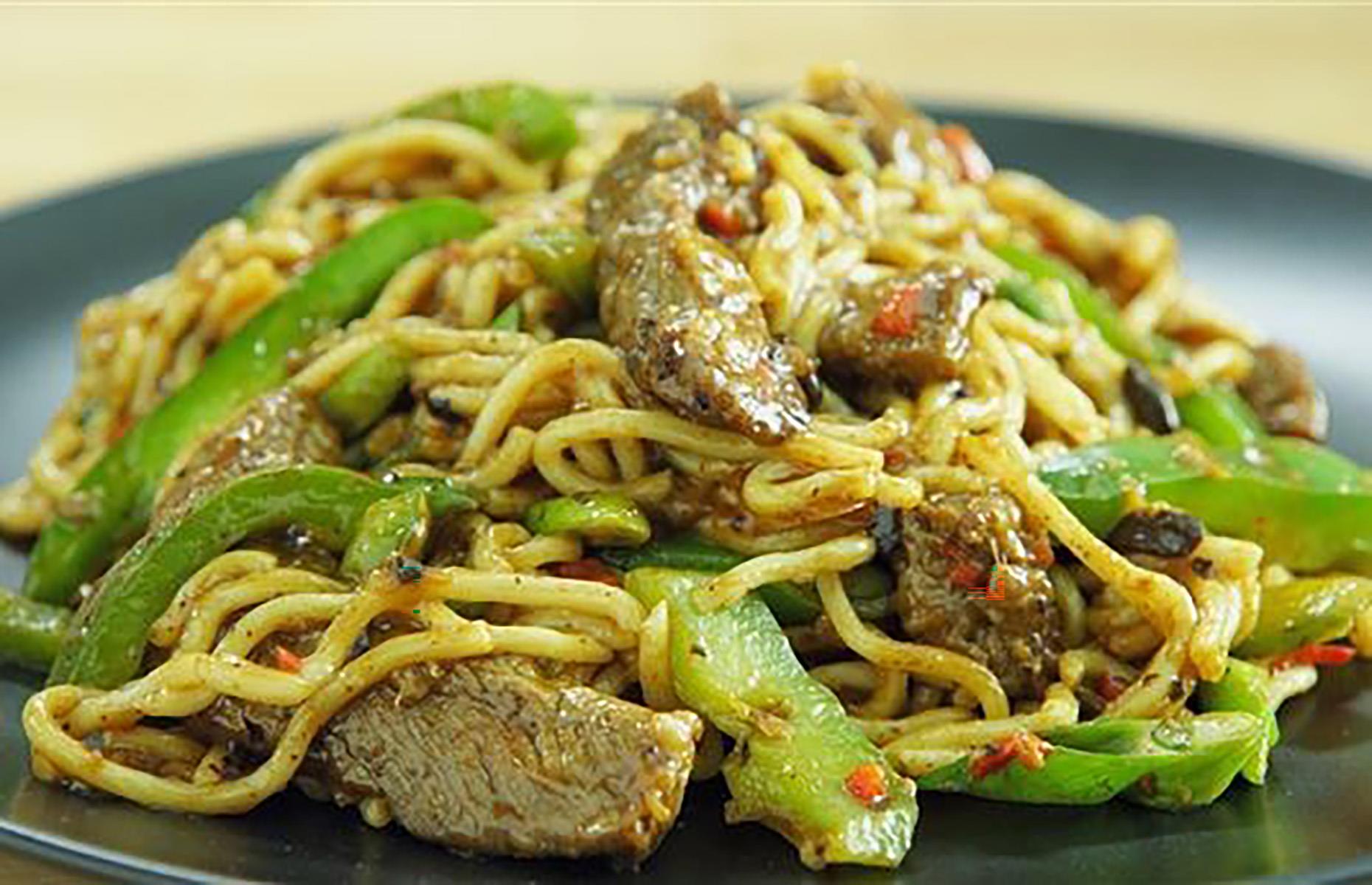 19. Cantonese beef and black bean noodles