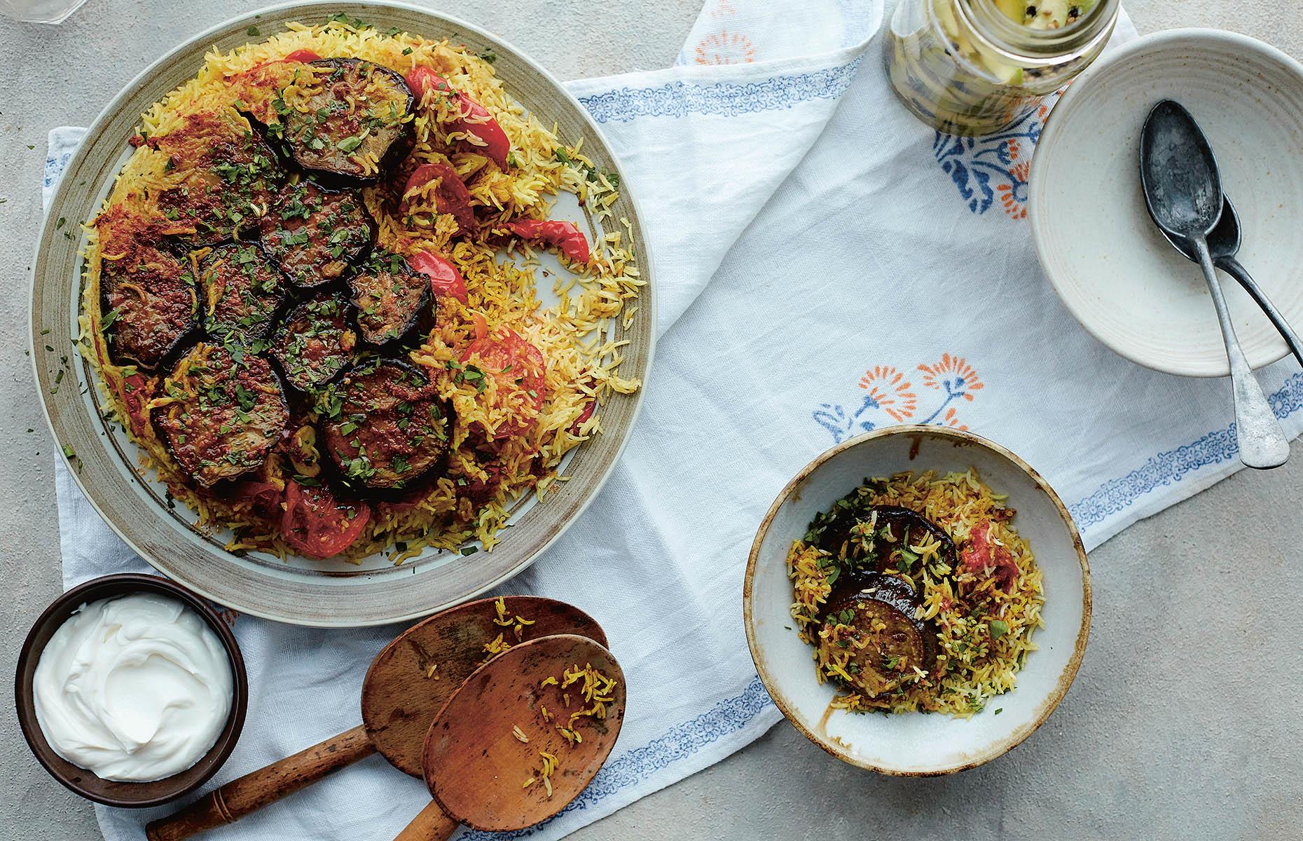 Main: upside-down rice with aubergine